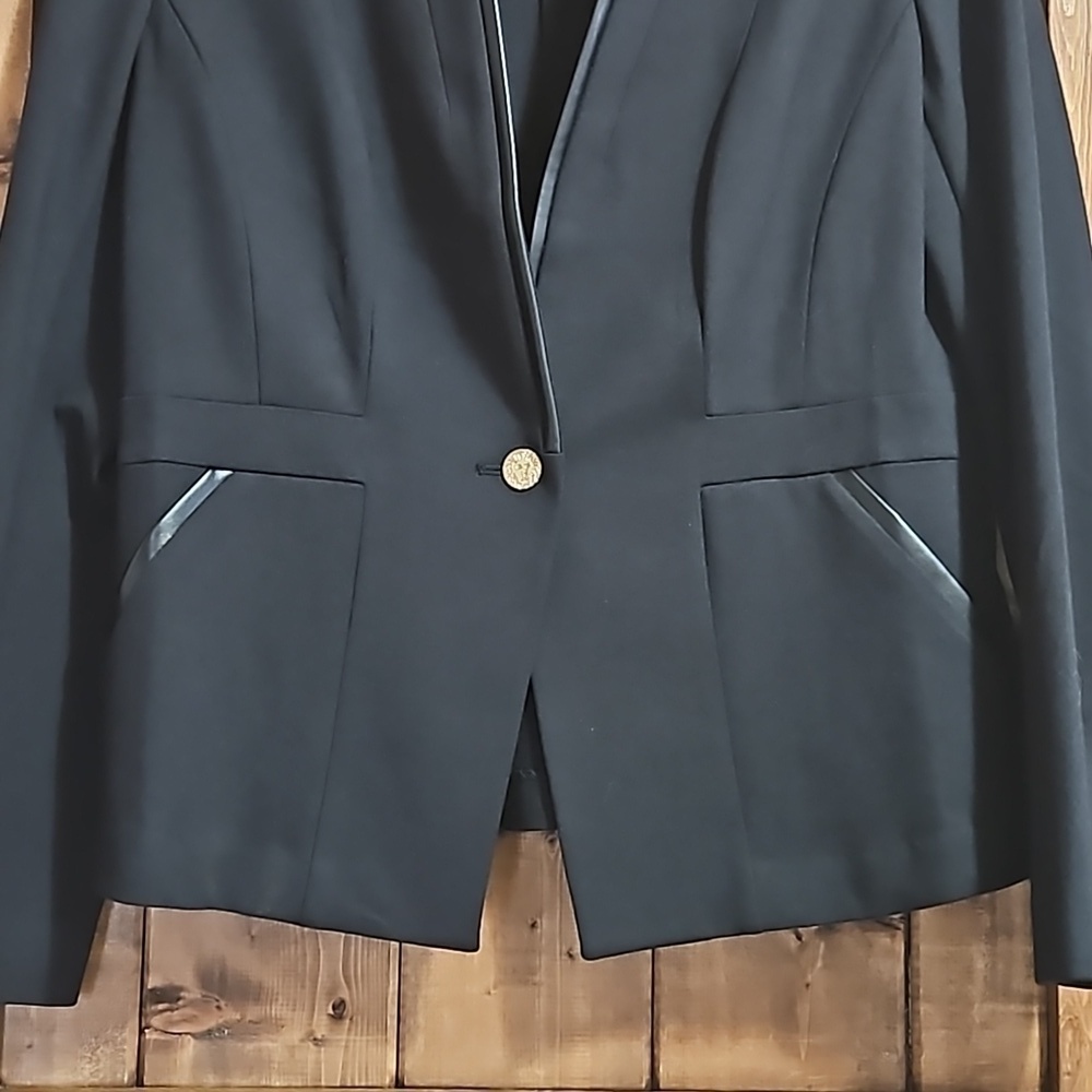 Anne Klein Black Knit Faux Leather Trim Stretch One Button Blazer Size M… - Picture 4 of 16